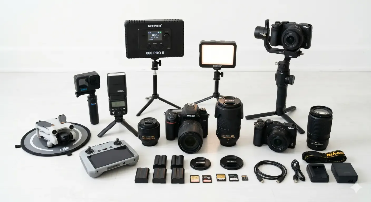 Set integral de producción que combina tecnología de drones DJI para tomas aéreas, óptica Nikon de alta gama para...